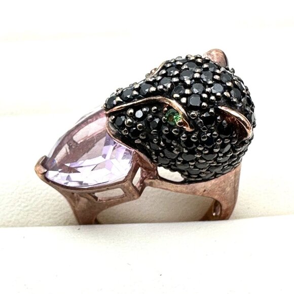 Black Spinel Multi Gemstone Jaguar Cat Rose Gold Sterling Silver Ring Size 6 - Picture 2 of 3